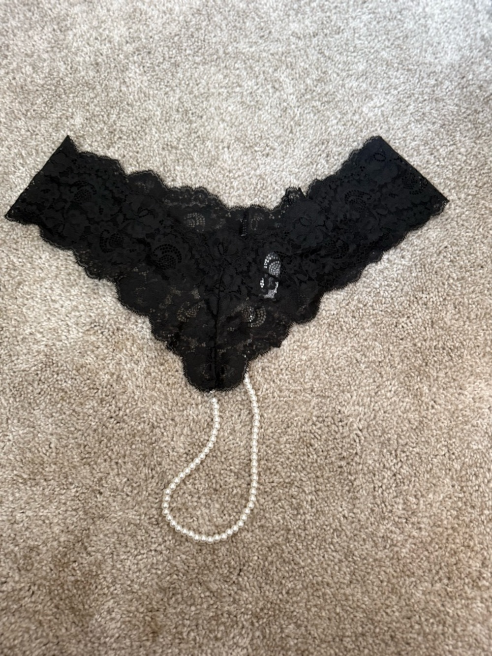 Adore Me Black Lace Crotchless Thong with Pearl Accent